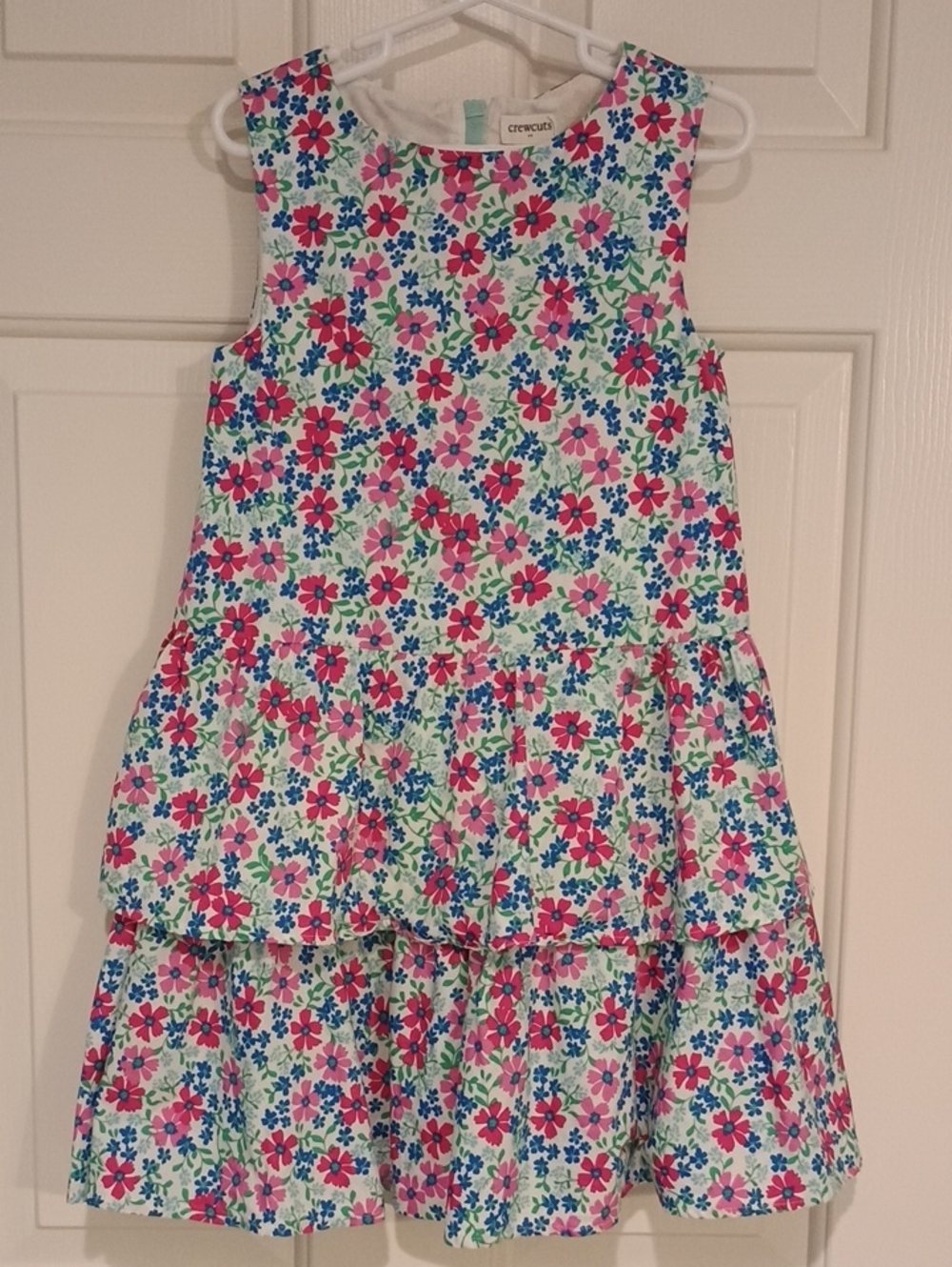 Crewcuts Sleeveless Floral Tiered Dress in White, Pink & Blue